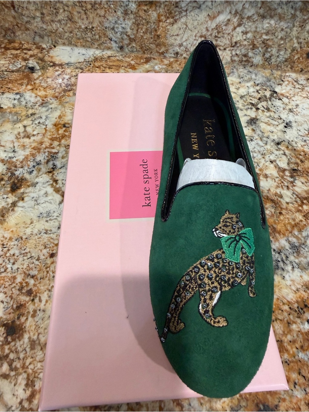 kate spade Emerald Green Suede Leopard Embroidered Slip-On Loafer
